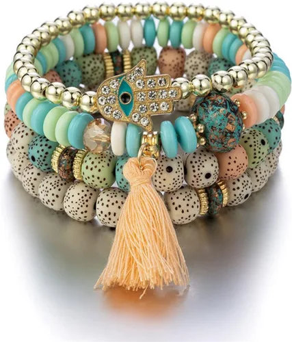 Vista 2 de Caiyao Juego de pulseras apilables de múltiples capas con cuentas de mal de ojo bohemio, multicolor, boho, con dije de semillas de Hamsa Fátima a