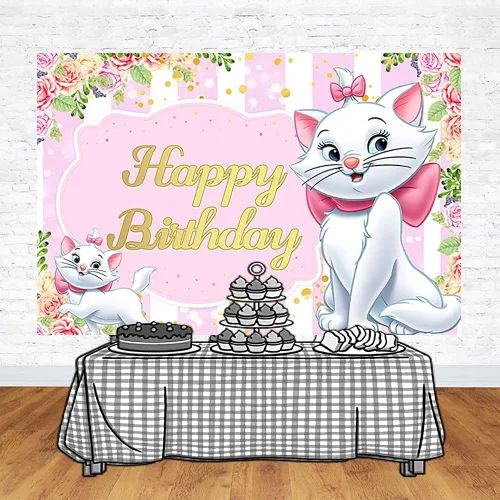 Vista 2 de Telón de fondo de gato rosa para suministros de fiesta de cumpleaños, fondos de fotos de Marie con temática de gato Marie, cartel de baby shower, 59