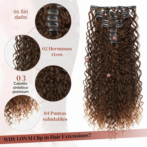 Vista 3 de LONAI Extensión de Cabello, 9 piezas, 56 cm de largo, castaño, extensiones de cabello rizadas con pinza, LN002, extensiones de cabello sintético
