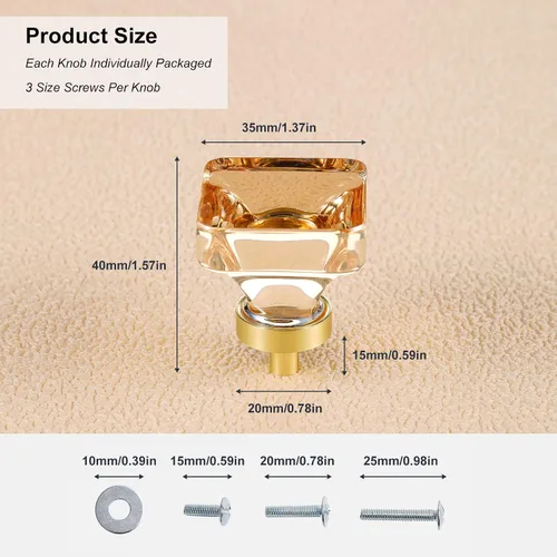 Vista 4 de coolnews - Paquete de 4 manijas de cajón de cristal champagne, manijas de vidrio para gabinete de cocina de 1-3/8 pulgadas cuadradas, manijas