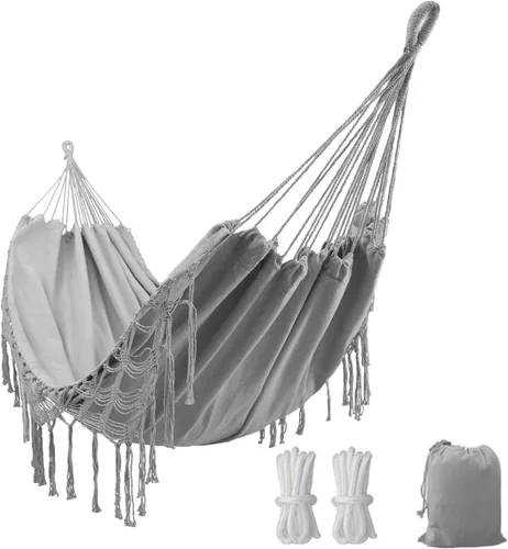 Vista 8 de Hamaca doble bohemia de macramé con elegantes borlas para patio, jardín, decoración de boda en la playa, exterior e interior, hasta 450 libras