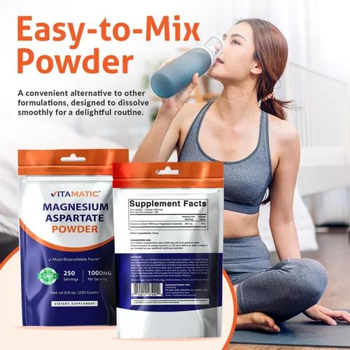 Vista 3 de Vitamatic Aspartato de magnesio 1000 mg por porción apoya la salud muscular, articular y cardíaca, 8.82 oz - 250 porciones