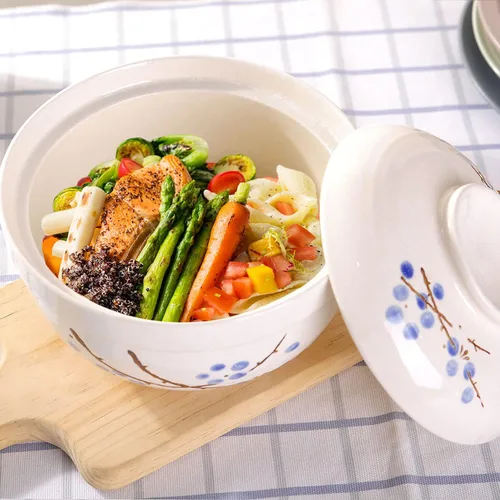 Vista 4 de WHJY Vajilla japonesa creativa de cerámica pintada a mano con tapa para sopa y fideos, con función de preservación del calor, cuenco y tapa azul