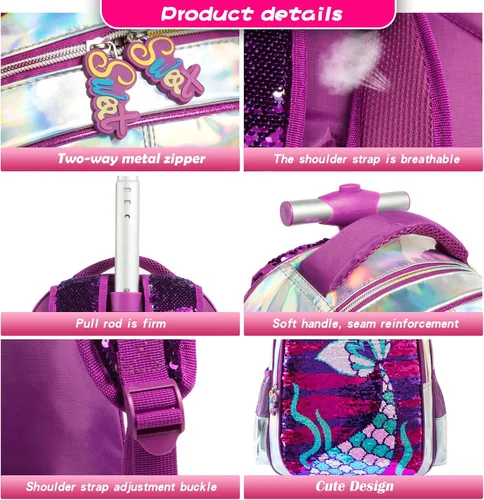 Vista 6 de MOHCO Rolling Backpack 18 inch for Kids Wheeled Backpack for Girls with Lunch Bag Pencil Case