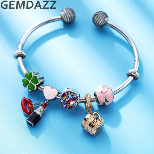 Vista 3 de Juego de dijes de oro rosa, compatible con pulseras de bricolaje, taza de café y colgante de I Love You God Mother en plata de ley 925, regalo
