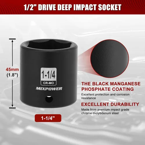 Vista 3 de Zócalo de impacto poco profundo de 1/2", CR-MO, 1-1/4", 6 puntos, diseño de esquina de radio, tuerca de eje de grado de impacto para fácil extracción