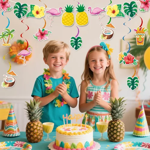 Vista 6 de Pancarta hawaiana preencordada para fiesta, decoración grande de flamenco tiki tropical para fiesta de cumpleaños Luau para fiesta de cumpleaños