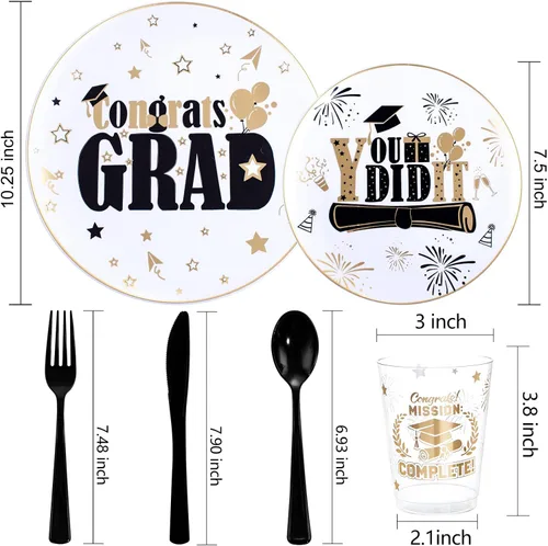 Vista 2 de Liacere 150 platos de plástico de graduación, desechables en negro y dorado, la fiesta de graduación incluye 50 platos, 25 cuchillos, 25 tenedores