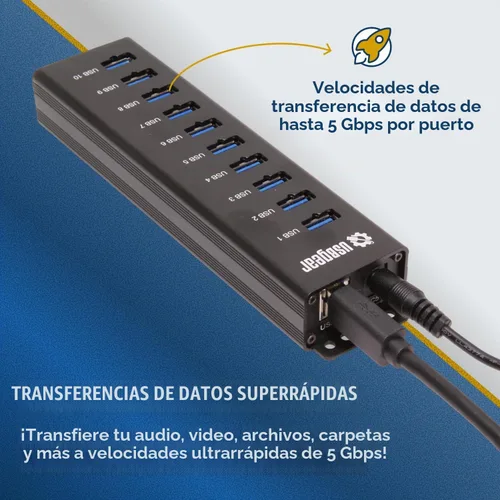 Vista 5 de USBGear Concentrador USB de 10 puertos 3.2 Gen 1 – Concentrador de datos supervelocidad montable con puertos USB para laptop, PC, escritorio y más