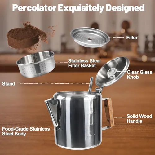 Vista 3 de Percolador de 6 tazas de acero inoxidable 304, cafetera con mango de madera maciza, perilla transparente, estufa Greca Mocha para inducción, hogar