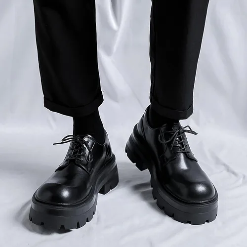 Vista 3 de Zapatos Oxford de cuero con plataforma con cordones para hombre Zapatos de vestir con suela de talón grueso y punta redonda Zapatos clásicos