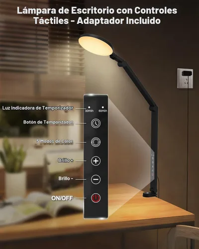 Vista 3 de Lámpara de escritorio LED de 10 W con abrazadera y brazo ajustable para oficina en casa, control táctil, luz de cuidado ocular para lectura con 5