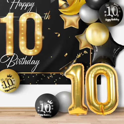 Vista 6 de Juego de globos dorados de feliz cumpleaños número 10 – Saludos a los 10 años de edad, guirnalda temática de fiesta con estrellas y luna, decoración