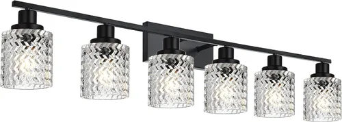Vista 13 de MELUCEE Aplique de pared de 2 luces con pantalla de vidrio martillado, luces de baño de níquel cepillado sobre el espejo, accesorios de iluminación