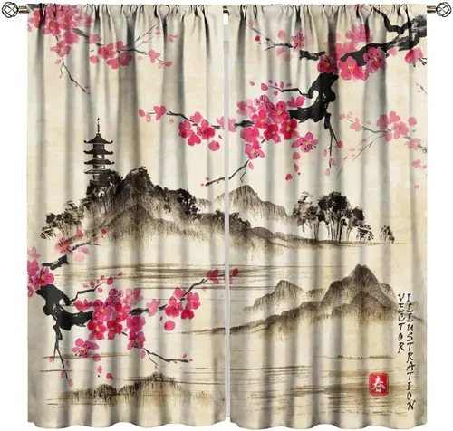 Vista 33 de Cortinas de cerezo, paisaje japonés, árbol de cerezo natural, primavera, dormitorio, sala de estar, ventana, 2 juegos de paneles, 42 x 45 pulgadas