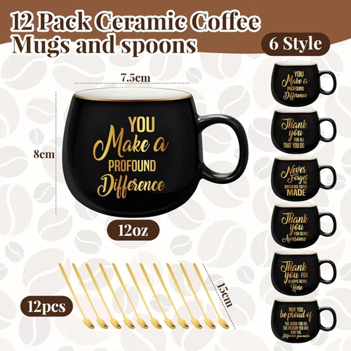Vista 2 de Tioncy 12 juegos de tazas de regalo de agradecimiento, regalos de agradecimiento a los empleados, tazas de café de cerámica inspiradoras de 12 onzas