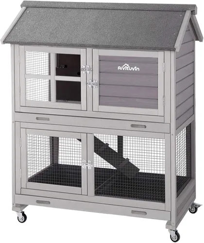 Vista 8 de Aivituvin Rabbit Hutch - Jaula para conejillo de indias para interiores y exteriores, con bandeja extraíble profunda sin fugas, 2 pisos