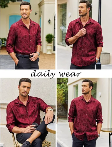 Vista 3 de COOFANDY Camisa de vestir con estampado floral para hombre, camisas de manga larga con botones de cachemira para boda, fiesta, baile de graduación