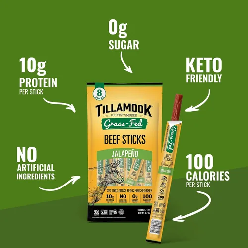 Vista 3 de Tillamook Country Smoker Palitos de Carne de Res 100% Alimentada con Pasto, Cero Azúcar, Jalapeño, 1.15 Onzas (Paquete de 8) Whole 30, Sin OMG