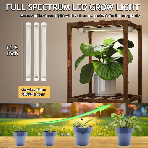 Vista 2 de HOMKIRT Soporte para plantas con luz de crecimiento, estante iluminado para plantas de interior para múltiples plantas, estante alto de madera