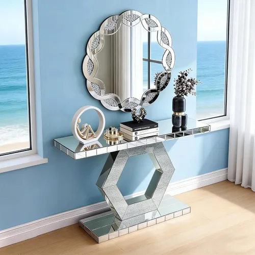 Vista 14 de SSLine Mesa de consola negra con espejo para sala de estar, mesa de entrada moderna de espejo de 43 pulgadas con base de cristal en forma de O