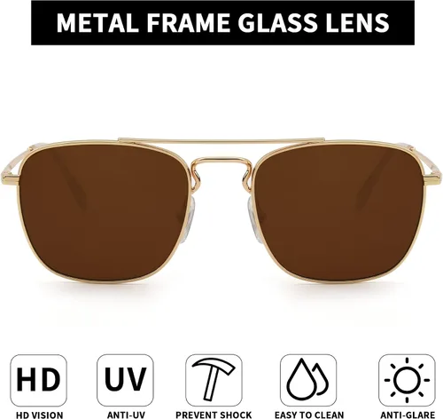 Vista 2 de JIM HALO Gafas de sol retro cuadradas estilo aviador con lente de cristal de alta calidad, gafas planas de metal para hombres y mujeres