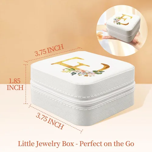 Vista 3 de My Daily Joyero de viaje Joyero pequeño para mujeres y niñas, organizador de regalo, cajas de cuero con espejo, blanco, inicial E