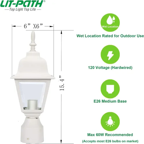 Vista 5 de LIT-PaTH Farol de poste de iluminación al aire libre, base mediana E26 máximo de 60 W, carcasa de aluminio más vidrio transparente, bombilla