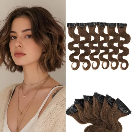 Vista 17 de 6 extensiones de cabello real con 6 clips, cabello ondulado de 10 pulgadas, color marrón oscuro