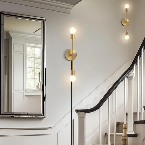 Vista 7 de KCO Lámpara de pared dorada con 2 luces para tocador de baño, luz de lectura de pared de latón, moderna de mediados de siglo, para pasillo, sala