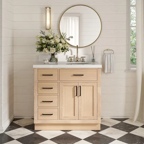 Vista 54 de ARIEL Hepburn - Tocador de baño de 30 pulgadas con fregadero, madera maciza, encimera y protector contra salpicaduras de cuarzo blanco puro de 1.5