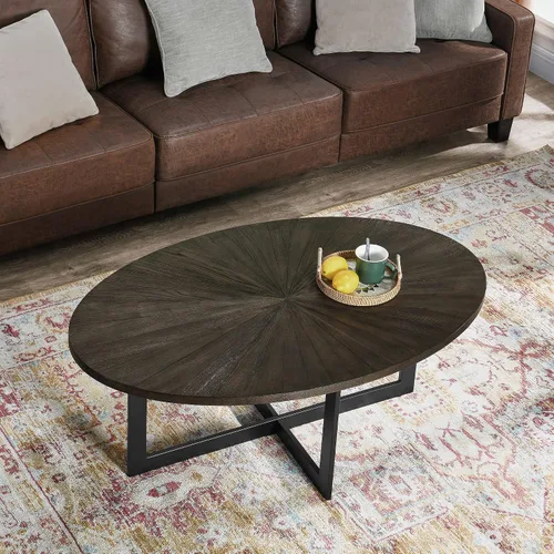 Vista 14 de Mesa auxiliar ovalada de madera con estante de almacenamiento, mesa de 2 niveles, negro y marrón Negro marrón-43.3 pulgadas