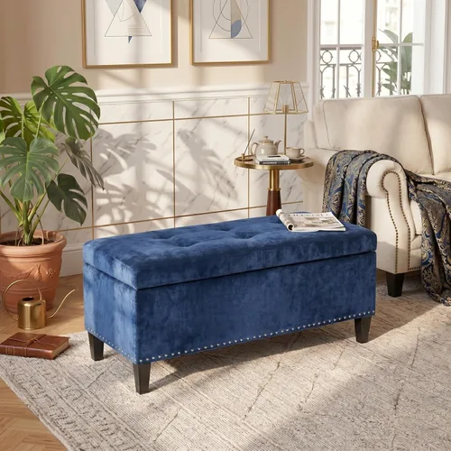 Vista 10 de otomana con almacenamiento de 41 pulgadas, banco otomano grande de almacenamiento para dormitorio Tufted Cotton Linen Bench with Nailhead Trim End
