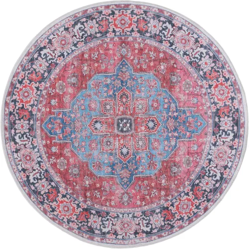 Vista 2 de SAFAVIEH Alfombra lavable Serapi Collection redonda de 6 pies 7 pulgadas, azul y al óxido, antideslizante y fácil de limpiar, ideal para sala