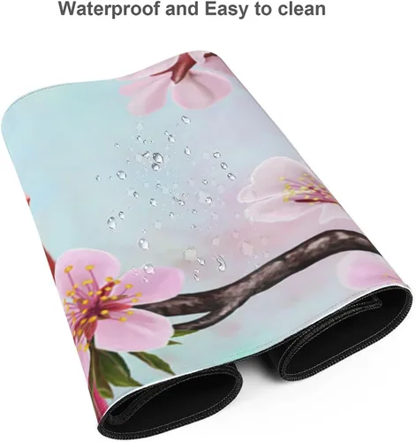 Vista 6 de Alfombrilla de mouse grande con bonitos pájaros rojos en flores de cerezo extendida con bordes cosidos, alfombrilla de mouse para computadora