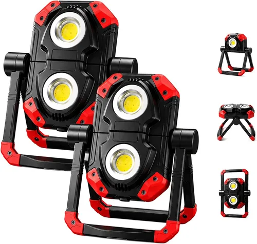 Vista 8 de Luz de trabajo LED recargable, 2 COB 2500LM Luz de inundación portátil plegable con base magnética y soporte de rotación de 360°, focos impermeables