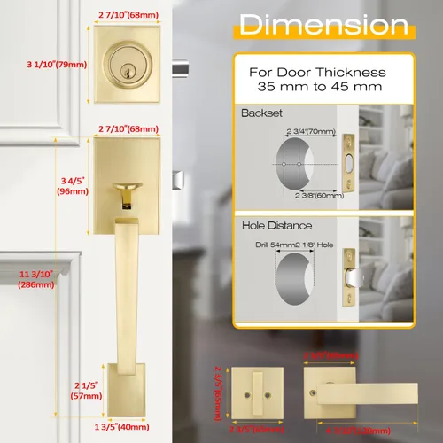 Vista 5 de EHOMEWARE - Juego de manijas de puerta delantera doble de latón, manija de puerta de latón cuadrado resistente en oro y cerradura de un solo
