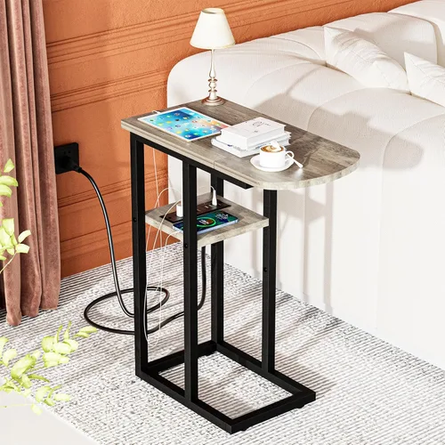 Vista 6 de eiskah - Mesa de extremo C con estación de carga, mesa lateral en forma de C para sofá, mesa para sala de estar, dormitorio, mesa para laptop