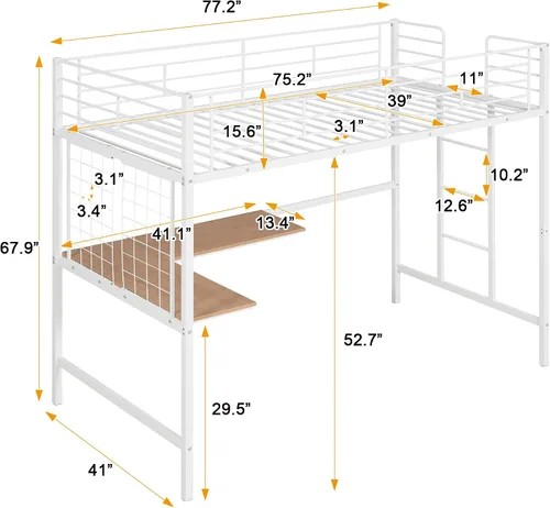 Vista 2 de Harper & Bright Designs Cama tipo loft individual con escritorio y rejilla de metal, marco de cama de metal con barandillas de longitud completa