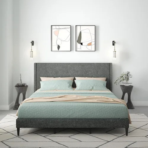 Vista 10 de Glenwillow Home MCM - Marco de cama con plataforma tapizada, botón con ribete de cabeza de clavo, respaldo de ala, base de colchón, no necesita Beige