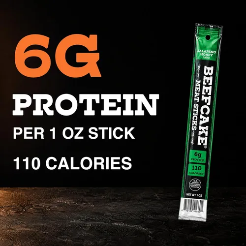 Vista 3 de Beefcake Jerky Barras de carne seca de jalapeño y miel, bocados proteicos de calor dulce, 9g de proteína, 3 barras