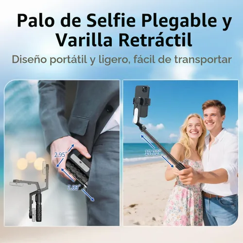 Vista 6 de TOALLIN Palo selfie con luz para teléfono inteligente, control remoto