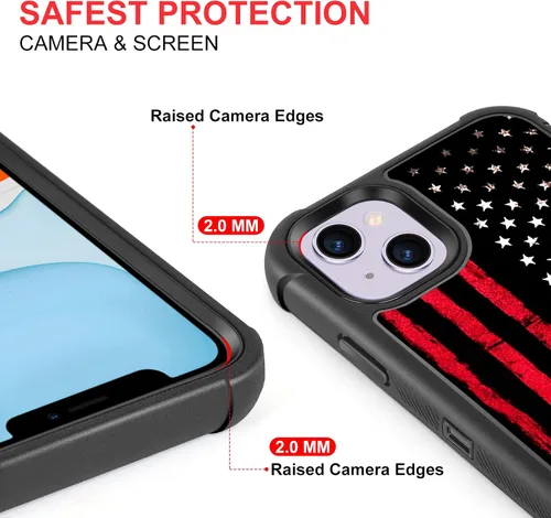 Vista 4 de Funda para iPhone 13/14, color negro, rojo y bandera estadounidense Bandera americana roja negra