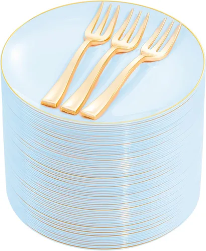 Vista 15 de Festiva 200 Piezas Platos de Postre Negro y Dorado de 6.3" con Tenedores de Plástico de 5"- Platos Desechables Pequeños- Platos de Plástico