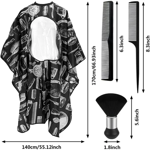 Vista 2 de FEBSNOW - Capa de barbero con ventana transparente y cepillo para el cuello Professional Large Hair Cutting Cape, Water Repellent Fabric, 55 x 66