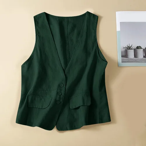 Vista 55 de COTECRAM Chaleco de lino de algodón para mujer, casual, sin mangas, con botones, ligero, para verano, holgado, ropa de abrigo