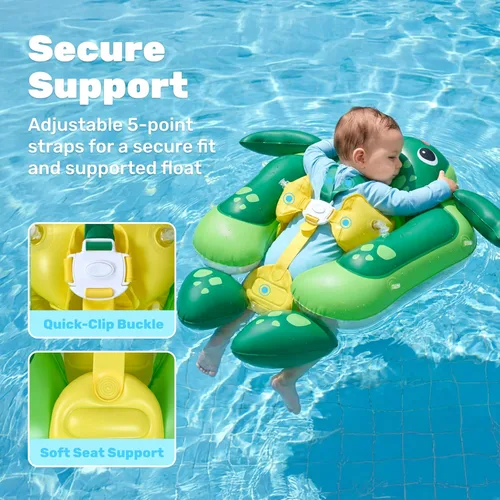 Vista 3 de Sloosh Flotadores de natación para bebés con toldo extraíble, flotador inflable para piscina para bebé, diseño de tortuga marina, anillo de natación