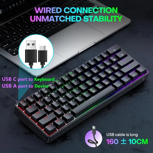 Vista 3 de TECURS Teclado mecánico compacto 60% para MacWindowsPC, ideal para oficina y juegos, teclado con cable retroiluminado RGB de 61 teclas