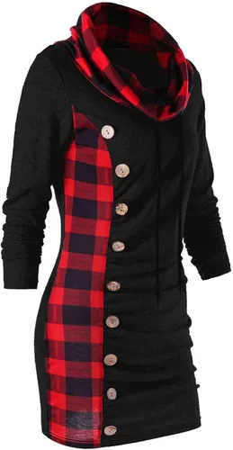 Vista 2 de Sudadera larga con capucha para mujer, casual, manga larga, cuello redondo, a cuadros, con botones, ajustada, con cordón, Negro