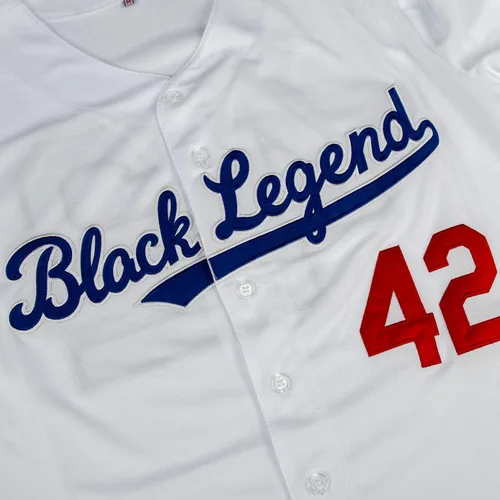 Vista 4 de Dabuliu Camiseta de béisbol retro Black Legend 42 para hombre, parches bordados, camisetas hipster hip hop cosidas